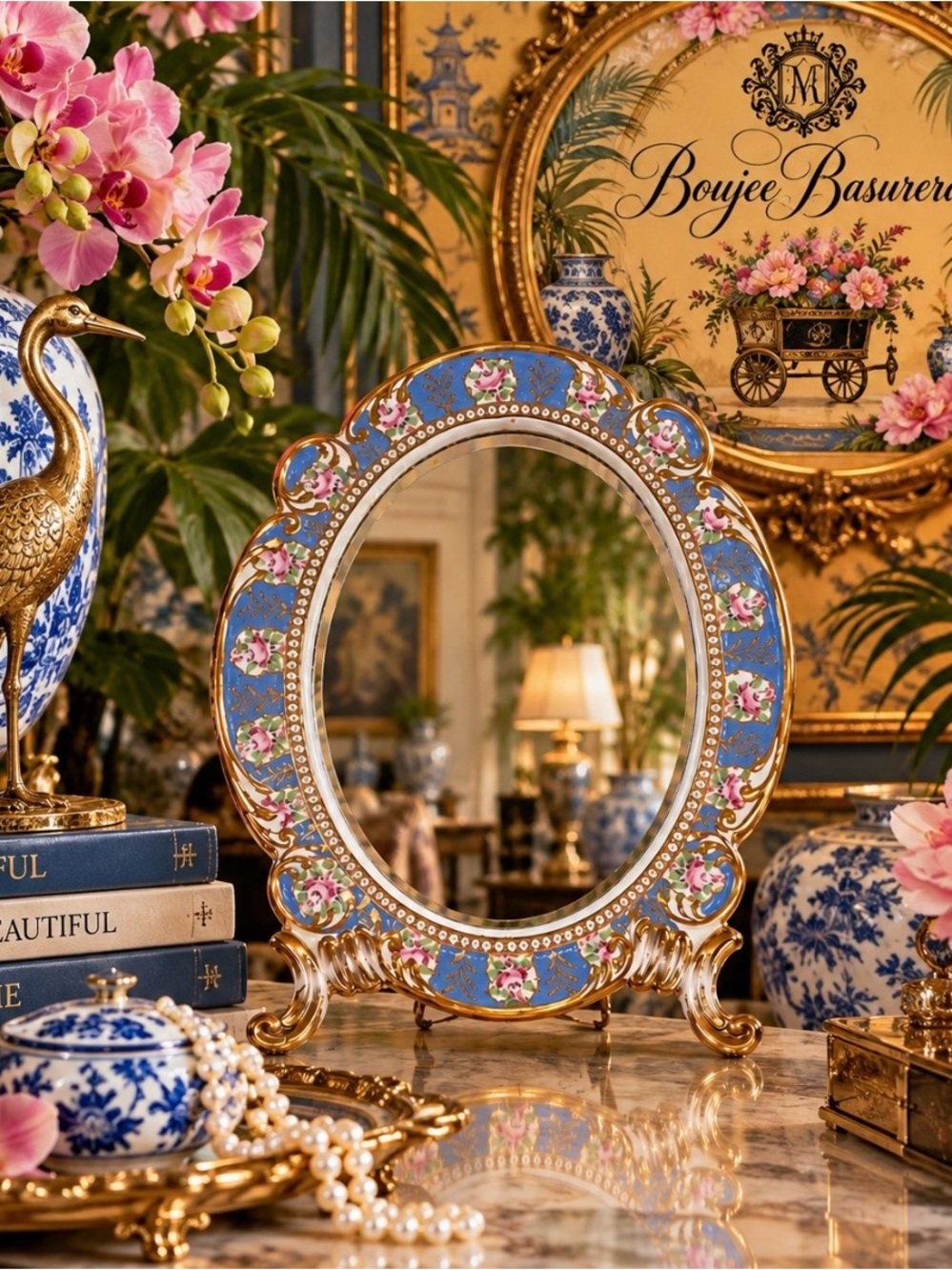 Vintage Blue Floral Vanity Mirror Rococo Revival Tabletop